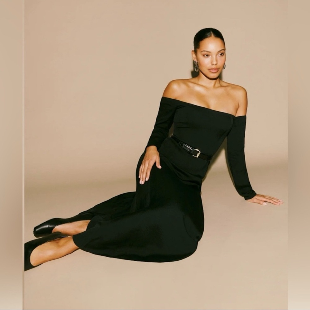 Reformation Ballari Black Linen feel Off-Shoulder Cocktail Dress with Slit